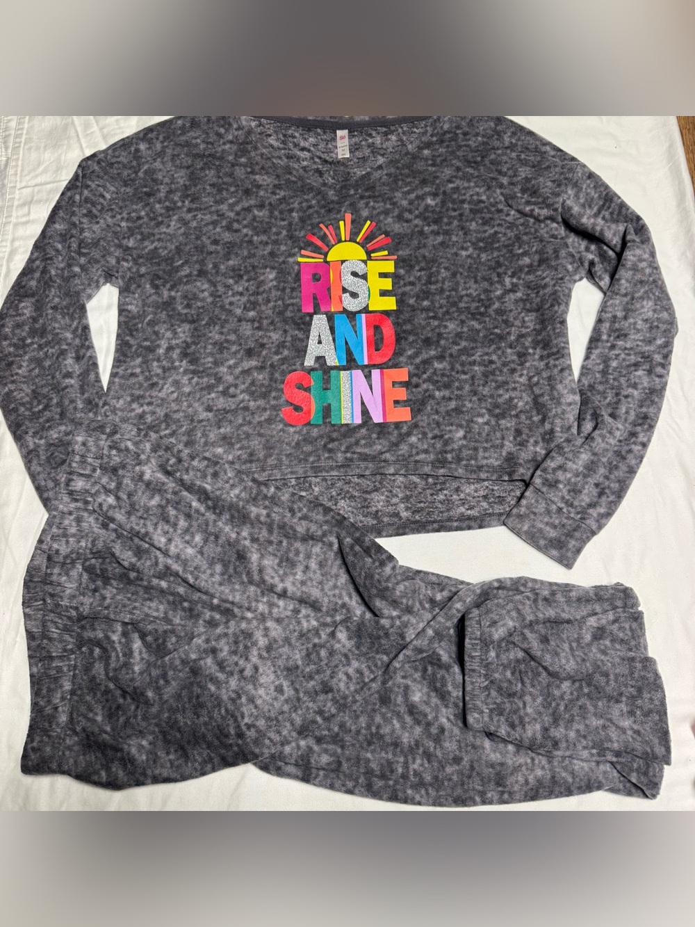 SO Charcoal Gray Two-Piece Pajama Set with Multicolor 'Rise and Shine' Graphic